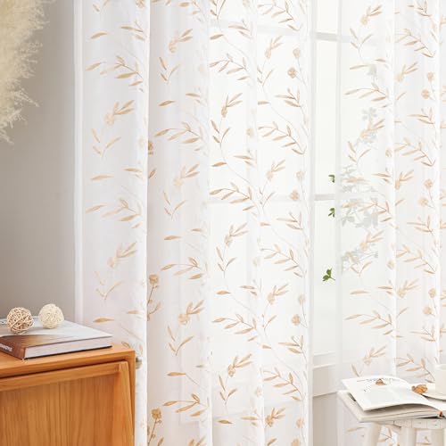 Sheer Curtains with Desin White-Beige Floral Embroidery 84 Inch Long Rod Pocket Lace Drapes for Living room, Bedroom, 2 Panels, 52"x84", Semi Voile Outdoor Window Treatment Sets for Yard, Patio.
