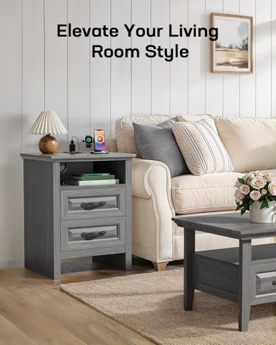 Nightstand Set of 2, Night Stand with Charging Station, Farmhouse Bedside Table with 2 Drawers, Open Shelf, Rustic End Table Storage Cabinet for Bedroom, Dark Gray - view 6