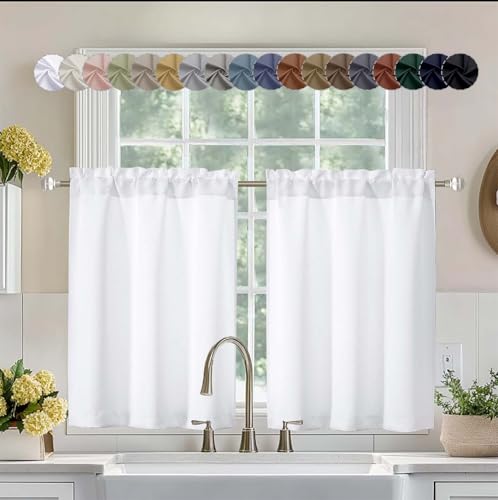 Pure White Curtains 36 Inches Long 2 Panels, Room Darkening Half Window Rod Pocket Privacy Short Curtains, Thermal Insulated Curtain Tiers for Kitchen Bathroom Shades, W40 x L36 Inch