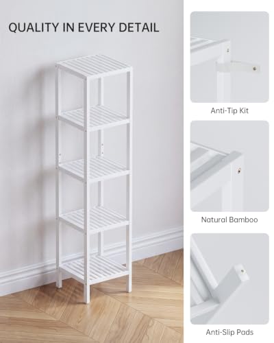 Bathroom Storage Shelf, 5-Tier Bamboo Rack Organizer, Multifunctional Shelving Unit for Living Room Bedroom Kitchen (White) - view 5