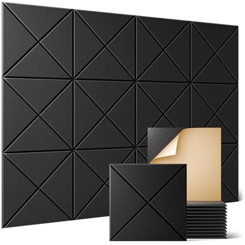 12 Pack X-Lined Acoustic Panels with Self-Adhesive, 12"X 12"X 0.4" Sound Proof Foam Panels, Decorative Soundproof Wall Panels, Sound Absorbing Tile for Home & Offices, Black