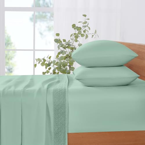 Seafoam Microfiber Bed Linen Set - 4Pcs Luxurious Crochet Lace Sheets & Pillowcases, King, Deep Pocket, Stain Resistant - view 7