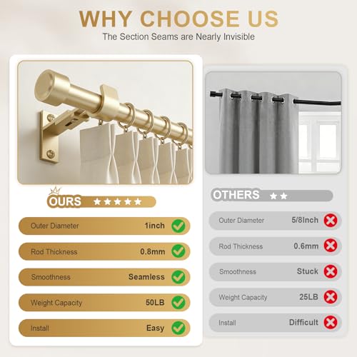 Gold Curtain Rod 36-144", 1" Heavy Duty Adjustable Rod Aluminum Finials - view 3