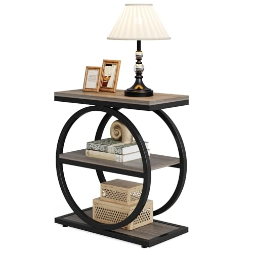 3-Tier End Table, Grey Side End Table with Storage Shelves, Small Sofa Side Table for Living Room, Slim Nightstand and Bedside Table with Black Double Round Metal Legs