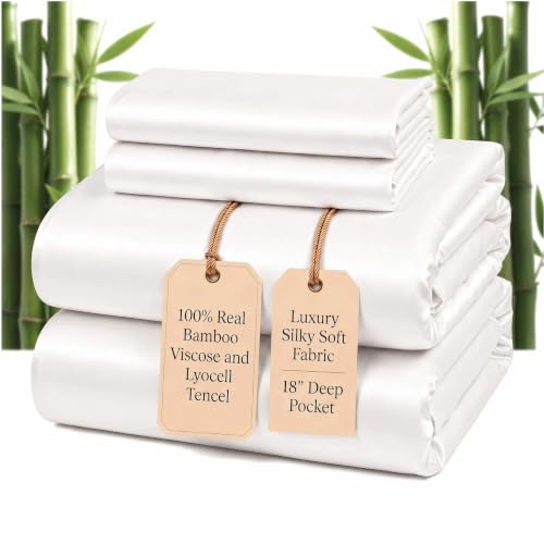 100% Real Bamboo Viscose & Lyocell Tencel Sheets Set King Size | Breathable & Cooling for Hot Sleeper | Luxury Silky Soft Fabric | 18" Deep Pocket with Corner Straps (White, King)