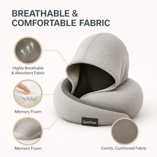Travel Neck Pillow Hooded Memory Foam 360° Head & Chin Support, Lightweight Breathable Adjustable Fit Travel Neck Pillow with Eye Mask, Earplugs & Carry Bag for Airplanes, Car, Bus, Train & Long Trips - view 3