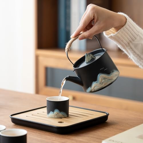 Chinese Tea Set – Black Porcelain Gongfu Teapot with 4 Black Cups & Tea Tray & Tea Strainer, Travel Tea Set with Carrying Case for Tea Ceremony, Daily Tea Ritual, Asian Style Gift - view 6