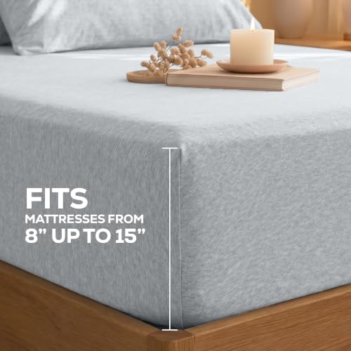 Twin Fitted Sheet Only – Jersey Knit Cotton, Stretchy T-Shirt Soft Bottom Sheet, Snug Fit & Wrinkle-Free, Heather Light Grey - view 2