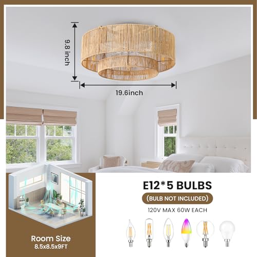 Boho Ceiling Fans with Lights: 20 inch Fandelier Low Profile Ceiling Fans with Remote Control, 5 Blades 6 Speeds DC Reversible E12 5 Light Flush Mount Rattan Ceiling Light Fixtures for Bedroom - view 2