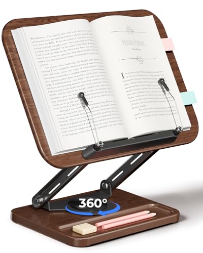 Book Stand for Reading, Book Holder 360° Rotating Base with Pen Slot, Foldable Reading Display Stand with Elastic Page Clips for Cookbook, Recipe, Textbook, Tablet, Laptop