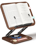 Book Stand for Reading, Book Holder 360° Rotating Base with Pen Slot, Foldable Reading Display Stand with Elastic Page Clips for Cookbook, Recipe, Textbook, Tablet, Laptop