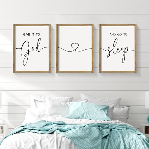 Give It to God and Go to Sleep Sign Set of 3 Above Bed Wall Decor Farmhouse Bedroom Decor Wood Framed Art Rustic Master Bedroom Essentials Home Decoration (Brown, 11”x14”) - view 2