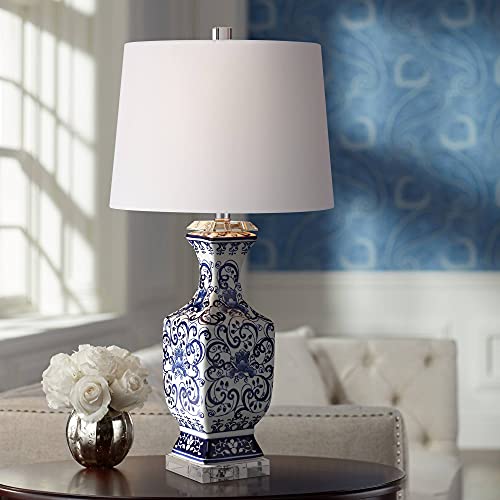 28" Tall Table Lamp Floral Iris Blue White Porcelain Traditional Asian
