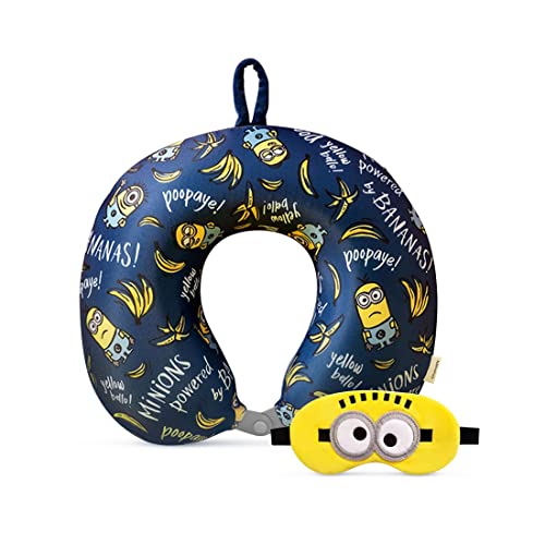 Minions Travel Neck Pillow with Eye Mask, Cute Cartoon 100% Memory Foam Neck Support Pillow, Lightweight Travelling Pillow Set for Airplane, Car and Home Use