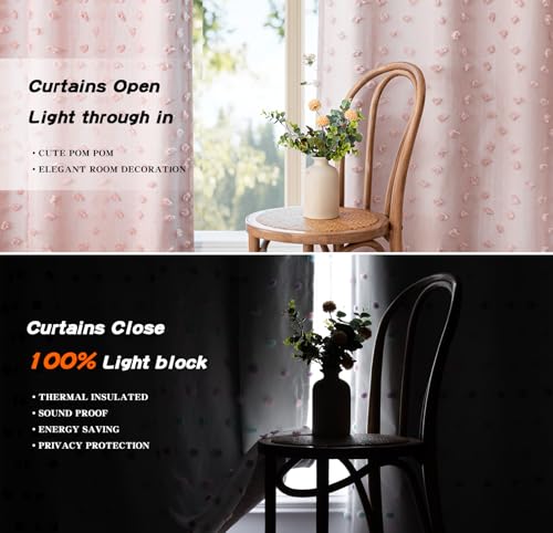 100% Blackout Curtains for Nursery Thermal Insulated Blush Pink Pom Pom Curtain 72 Inch Length for Girls Bedroom 2 Panels Grommet White Sheer Drapes for Kitchen Dining Room Door, 50W x 72L - view 2