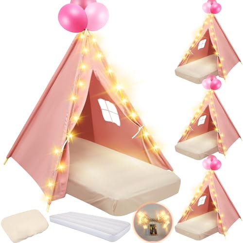 4 Pack Kids Teepee Tent Sleepover for Slumber Party, Pink