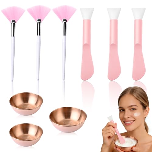 9Pcs Esthetician Supplies kit - 3 Mask Mixing Bowls, 3 Fan Esthetician Brushes & 3 Mask Brushes for Sleepover & Spa Night Celebrations (Rose Gold)
