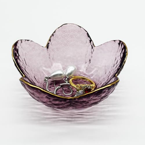 Purple Flower Ring Dish, Small Glass Jewelry Dish Tray, Ring Holder Jewlery Tray Trinket Dish, Bathroom Nightstand Decor Jewelry Bowl Christmas Friendship Birthday Gifts for Women, Soap Dish - view 3