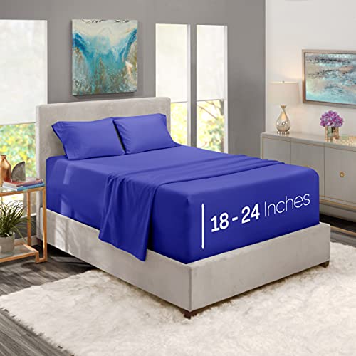 Bed Linen Set, Royal Blue, Deep Pocket King Size Sheets, 4 Piece Set
