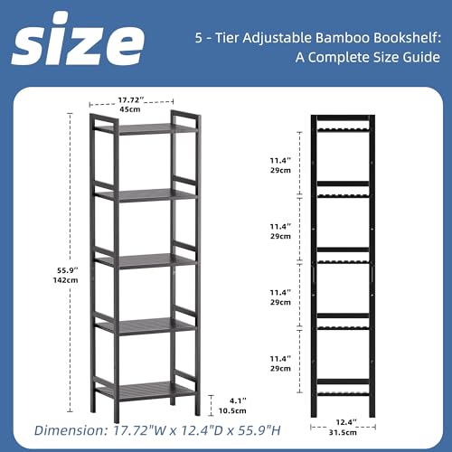 5 Tier Narrow Bookshelf, Bamboo Bookcase, Slim Tall Storage Rack Free Standing Shelving Unit with Adjustable Shelves for Living Room Bedroom Bathroom, Black - view 3