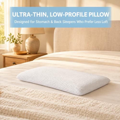 Slim Gel Memory Foam Pillow, 3.2-Inch Low-Profile Bed Pillow for Stomach and Back Sleepers, Dual-Sided Removable and Machine-Washable Cover, Standard - view 6