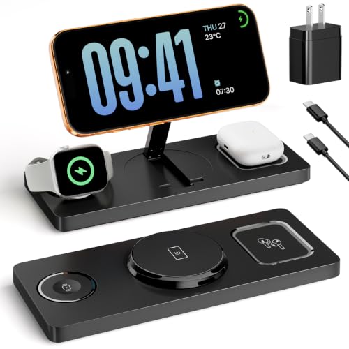 Foldable 3 in 1 Charging Station for Magsafe, Phone and Watch Charger Stand for Apple Devices, Wireless Desk Charger Dock for iPhone 17 16 15 14 13 12 Series, Apple Watch and Airpods