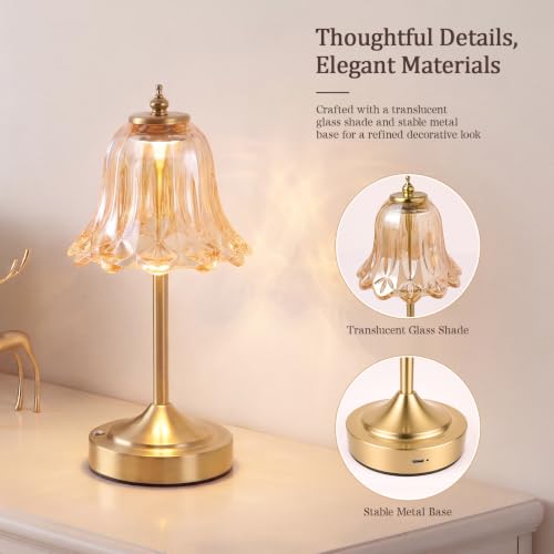 Cordless Table Lamp, Rechargeable Amber Glass Tulip Flower Touch Lamp - view 5