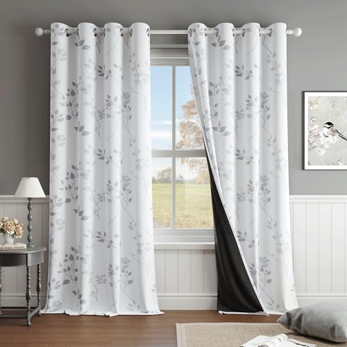 Floral 100% Blackout Curtains for Bedroom Grey White 52X84 2 Panels