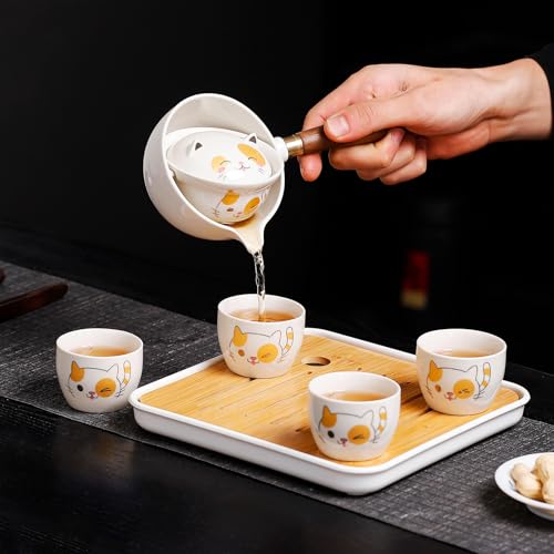 Chinese Tea Set Gongfu Tea set, Portable Teapot Set with 360 Rotation Tea maker and Infuser,Kung Fu Tea Set Portable All in One Leather Bag for Travel,Outdoor, Office,Home,Gifting (4cups-cat) - view 2