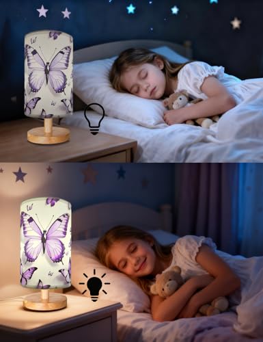 Butterfly Lamp Purple Desk for Kids Lamp,3 Colors Nightstand Light Lamp, Round Wood Base Flaxen Fabric Desk Lamp, Butterfly Light Gift for Gir (LED Bulb Included) (Butterfly) - view 5