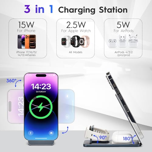 3-in-1 Wireless Charging Station, Foldable Magnetic Charger Stand Compatible with iPhone, Apple Watch, Apple Earphone, 15W Fast Charging, Portable Travel Dock - view 5