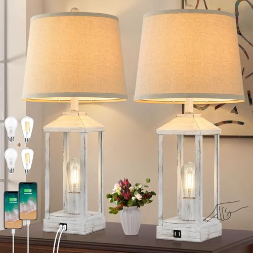 28" Farmhouse Table Lamps for Living Room Set of 2, 3-Way Dimmable Bedside Lamp with USB Ports, White Rustic Touch Control Nightstand Lamps for Bedroom, Modern Desk Lamp for Office, 4 Bulbs Included