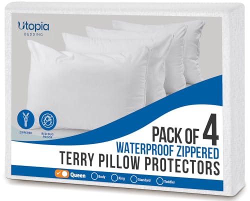 Soft Terry Waterproof Pillow Protectors with Zipper Queen Size, Set of 4