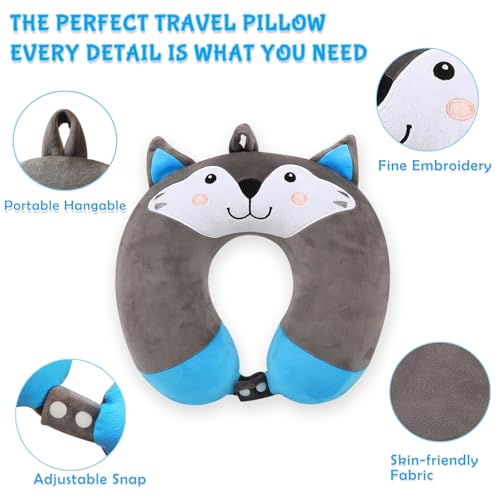 Travel Pillow, Kids Travel Pillow with Sleep Eye Mask Soft Memory Foam Kids Neck Pillow for Boys & Girls, Travel Accessories for Car Airplane Traveling - Wolf - view 5
