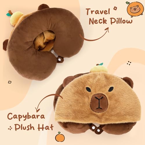 Capybara U-Shaped Travel Pillow with Hood,Neck Headrest Plush Pillow,Hooded Sleeping Supplies Neck Chin Support Stuffed Animal Pillow for Airplane Train Car Office - view 3