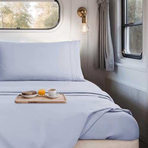 Ice Blue Short Queen Sheets for RV, Hotel Luxury RV Queen Sheets Set, 4 Piece Fitted Bed Sheet Set and Pillowcases, Super Soft, Wrinkle-Free, and Breathable Camper Bedding - view 5