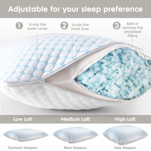 Cooling Pillow, Shredded Memory Foam Pillows King Size Set of 2, Gel Infused Cool Pillow, Adjustable King Size Pillow for Sleeping, Breathable King Pillow, Washable Removable Bed Pillow Cover - view 2