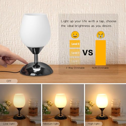 Touch Control Table Lamp Dimmable Small Lamp, Ambient Light with Opal Glass Shade Simple Night Light, Modern Accent Lamp Bedside Nightstand Lamp for Bedroom Living Room, E12 Bulb Included - view 3