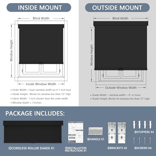 Cordless Blackout Roller Shades, 20" W x 72" H, Black - view 5