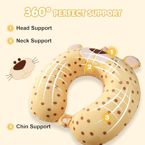 Travel Pillow for Kids Adult Cute Neck Pillow for Traveling Memory Foam Airplane Pillow Sleep Mask Animal Flight Pillow Head Rest Neck Support for Cars Long Flights (Yellow Leopard, 9-12 Y/O) - view 2