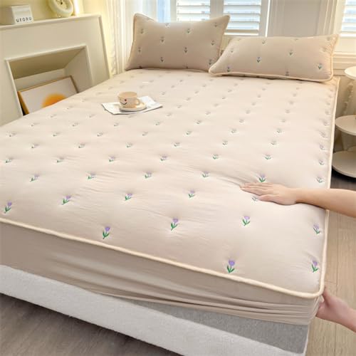 Mattress Cover Fitted Sheet Thickened Cotton Mattress Cover Protector Soft Comfortable Warm Non-Slip Breathable Mattress Topper 360°All-Around Package All-Inclusive for Bedroom,King Size