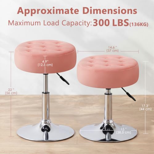 Mid-Century Velvet Tufted Makeup Ottoman Stool, 360° Swivel Adjustable Vanity Stool Modern Big Size Vanity Chair Stools for Living Room Bedroom Bathroom, Pink - view 2