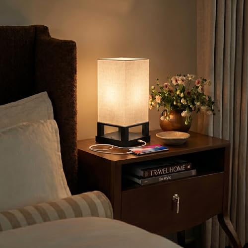 Maxwell Bedside Lamp with USB Port – Compact Table Lamp for Bedroom, Living Room - Modern Asian Nightstand Lamp with Wood Frame - LED Bulb, Soft Light - Black - view 2