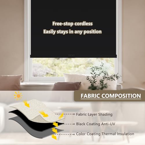 Cordless Blackout Roller Shades Blinds for Windows,34"W x 72"H,Black - view 5