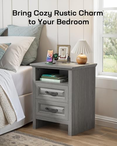 Nightstand Set of 2, Night Stand with Charging Station, Farmhouse Bedside Table with 2 Drawers, Open Shelf, Rustic End Table Storage Cabinet for Bedroom, Dark Gray - view 5