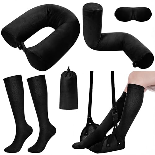 4 Pcs Travel Comfort Kit with Memory Foam Travel Pillow Airplane Footrest Hammock 3D Contoured Eye Mask Compression Socks Neck Pillow for Car Flight Sleeping Support (Black)