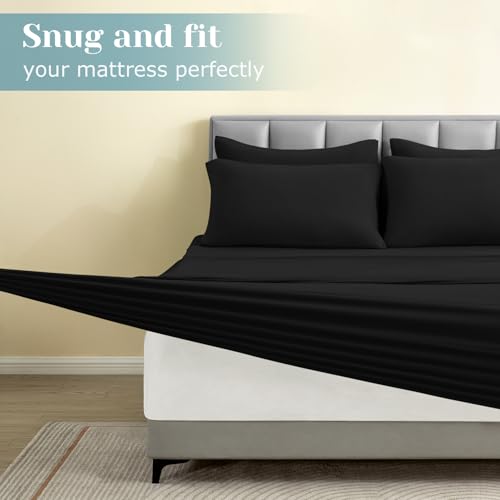 6 Pieces Non-Slip Super Soft Bed Sheet Set(King, Black), Wrinkle-Free and T-Shirt-Like Spandex Blend Sheets with 18-inch Deep Pocket, 4-Way Soft Stretch Bed Sheets - view 5