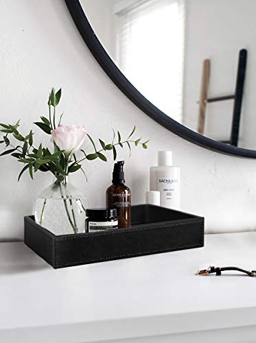 Faux Leather Vanity Tray, Elegant Desktop Storage Organizer, Decorative Catchall for Perfume, Bathroom Valet, Nightstand or Dresser, Black, 10.2 x 8.4 x 1.8 Inches - view 4