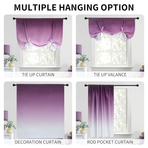 Ombre Thermal Insulated Tie Up Curtains for Small Windows Gradient Purple to Grey White Blackout Room Darkening Shades for Bedroom Kitchen Rod Pocket Balloon Curtain W34 X L48 Inches, 1 Panel - view 2