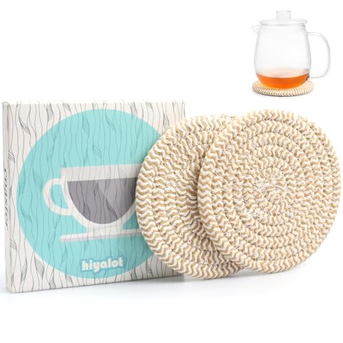 4.8" Drink Cotton Coasters Set of 2 - Boho Woven Drink Pads for Coffee & Tea, Neutral Sandstone Blend Fabric Cup Mats for Desk, Table, Nightstand, Dorm, Giftable Absorbent Coaster Set (Latte)